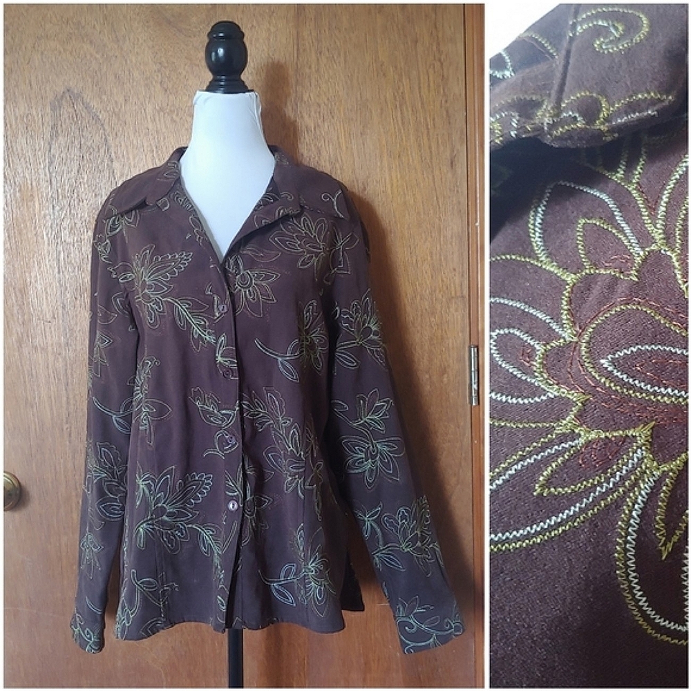 VTG Apparenza Brown Suede Floral Embroidered Vintage Button 70s Long Shirt L